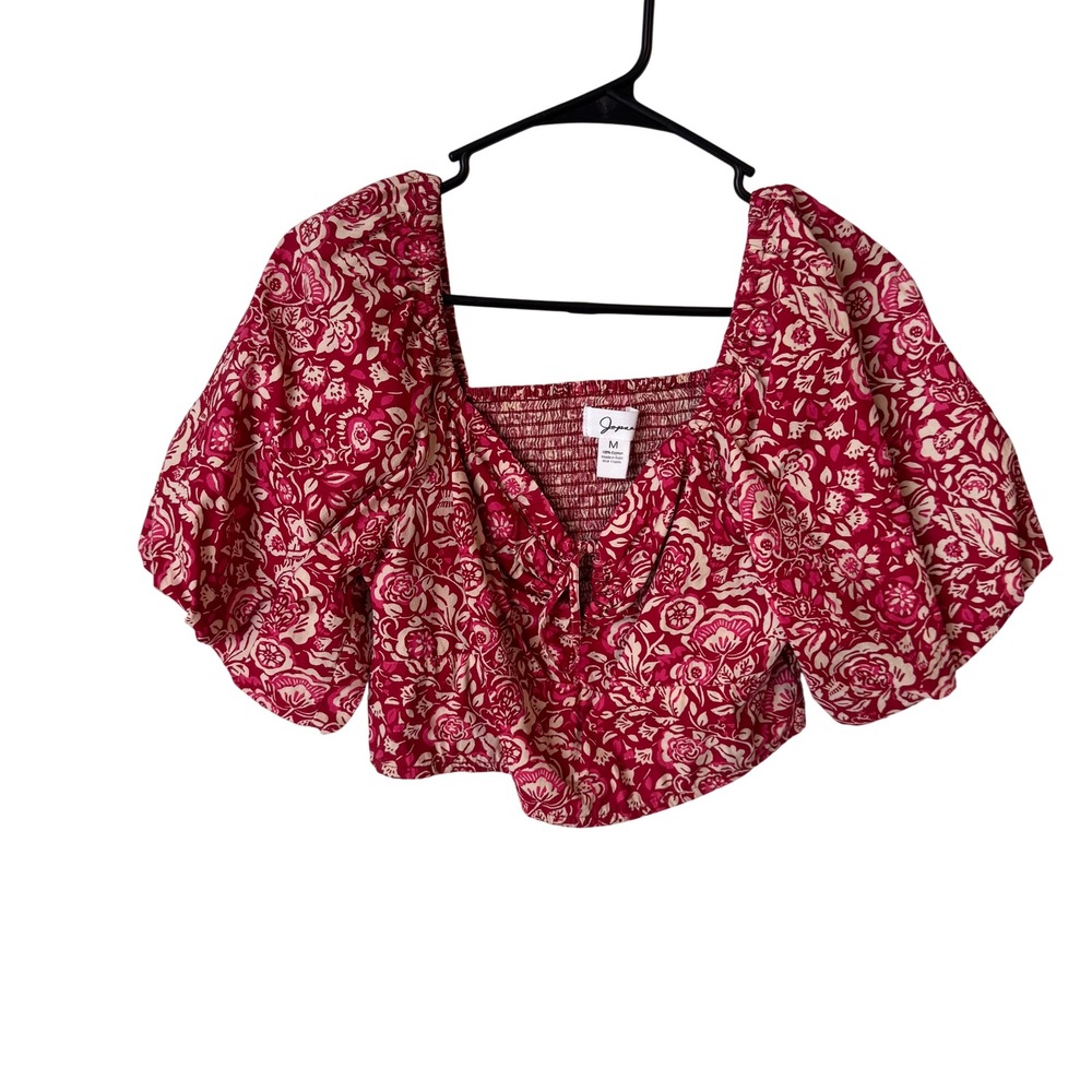 Joyous Red Floral Puff Sleeve Smocked Crop Top Womens Medium 100% Cotton Boho